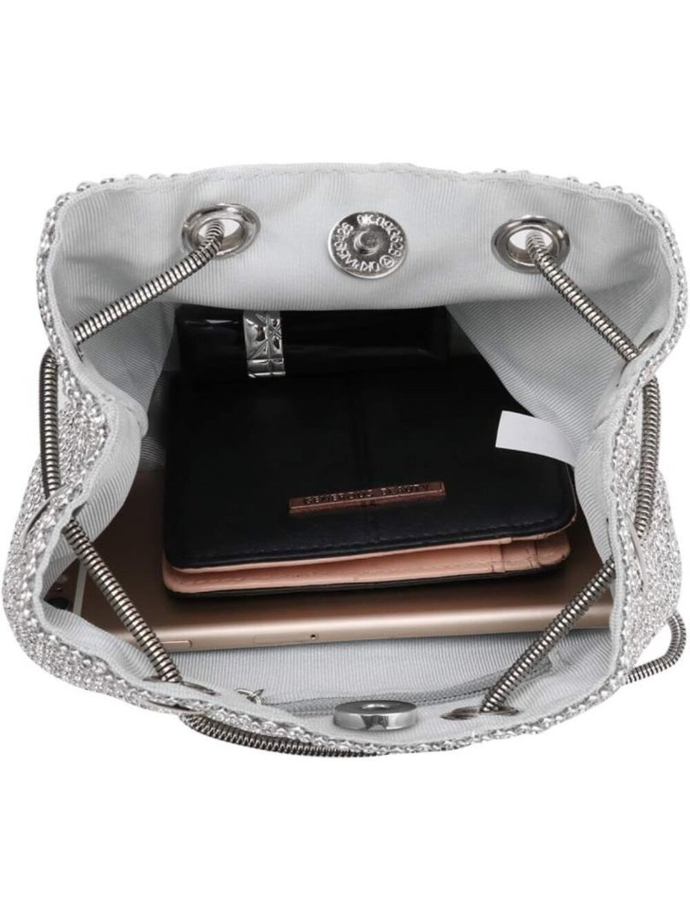 Silver Rhinestone Mesh Bucket Evening Bag Drawstring Shoulder Purse - Picture 5 of 5
